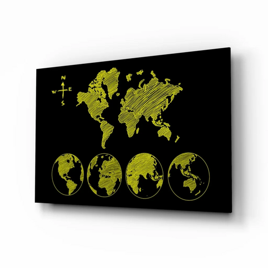 Neon black and yellow world map wall art with globe and compass design