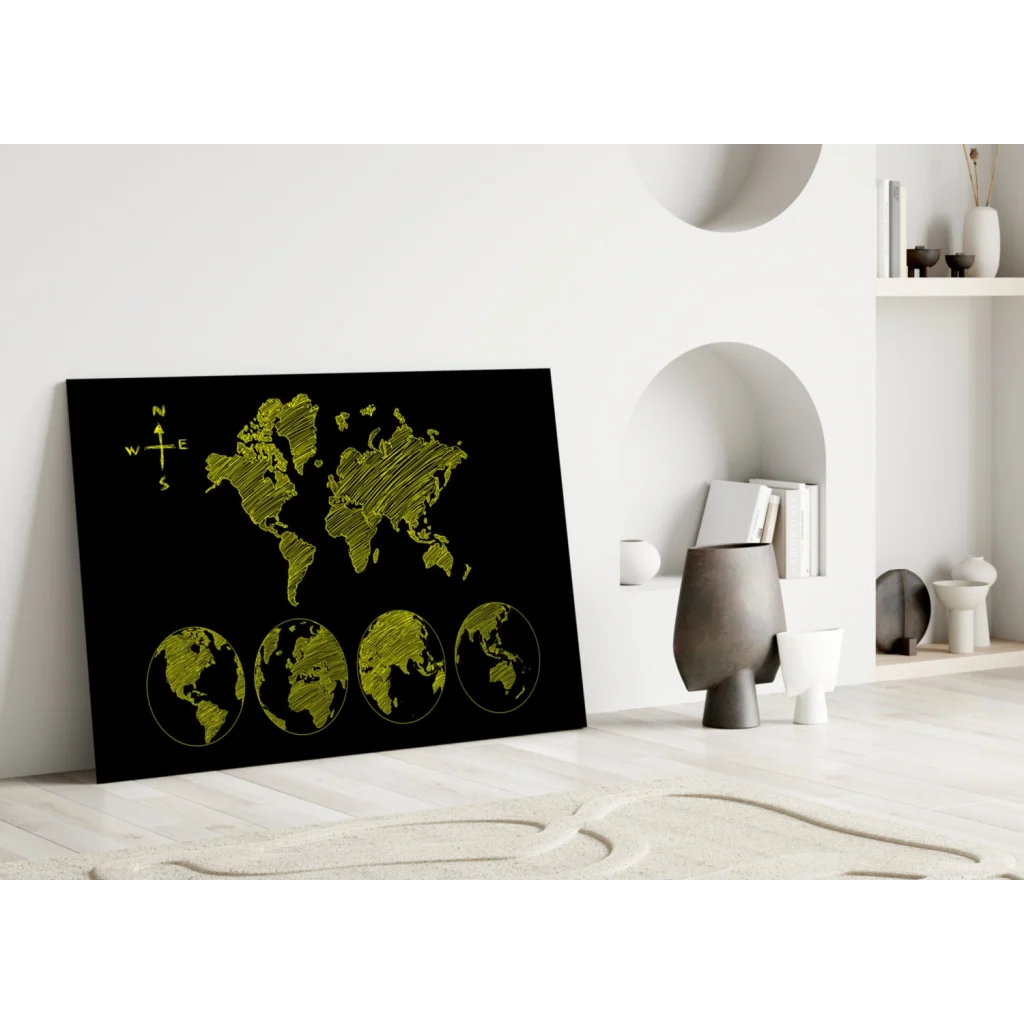 Neon green black world map canvas wall art with compass design