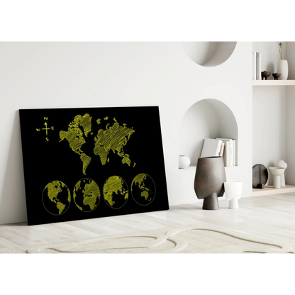 Neon green black world map canvas wall art with compass design