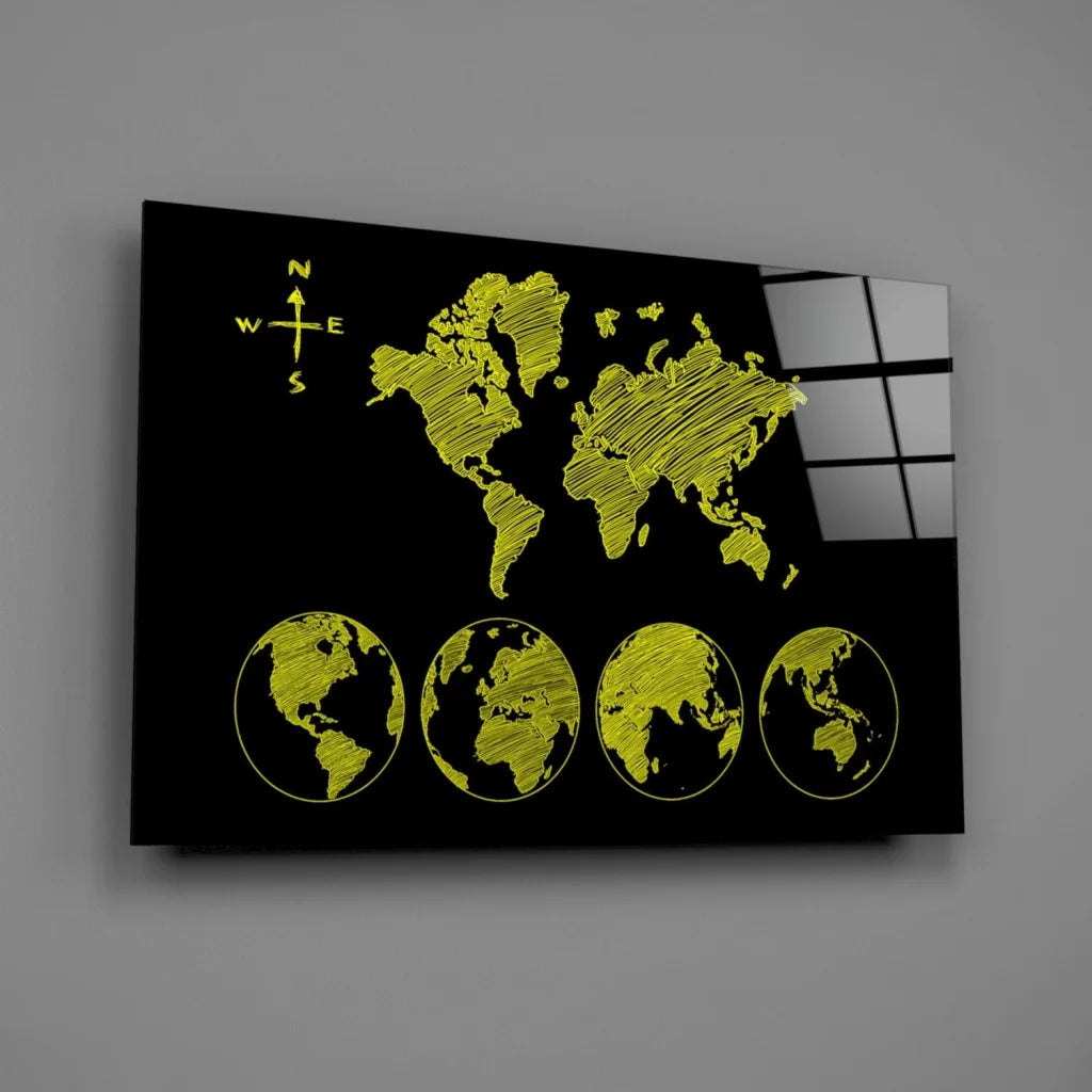 Neon black world map wall art canvas with yellow continents and compass