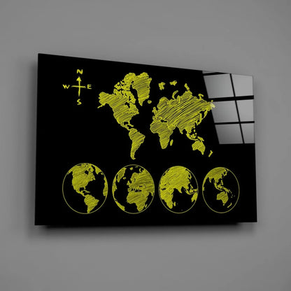 Neon black world map wall art canvas with yellow continents and compass
