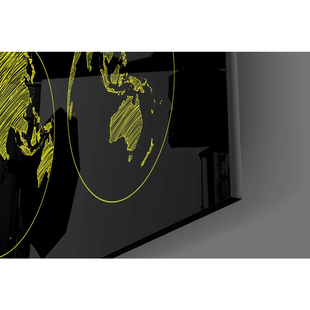 Yellow globe wall art with black shadow on glass wall