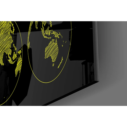 Yellow globe wall art with black shadow on glass wall