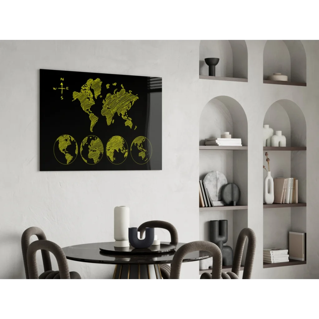 Neon world map canvas wall art with black green globe and compass