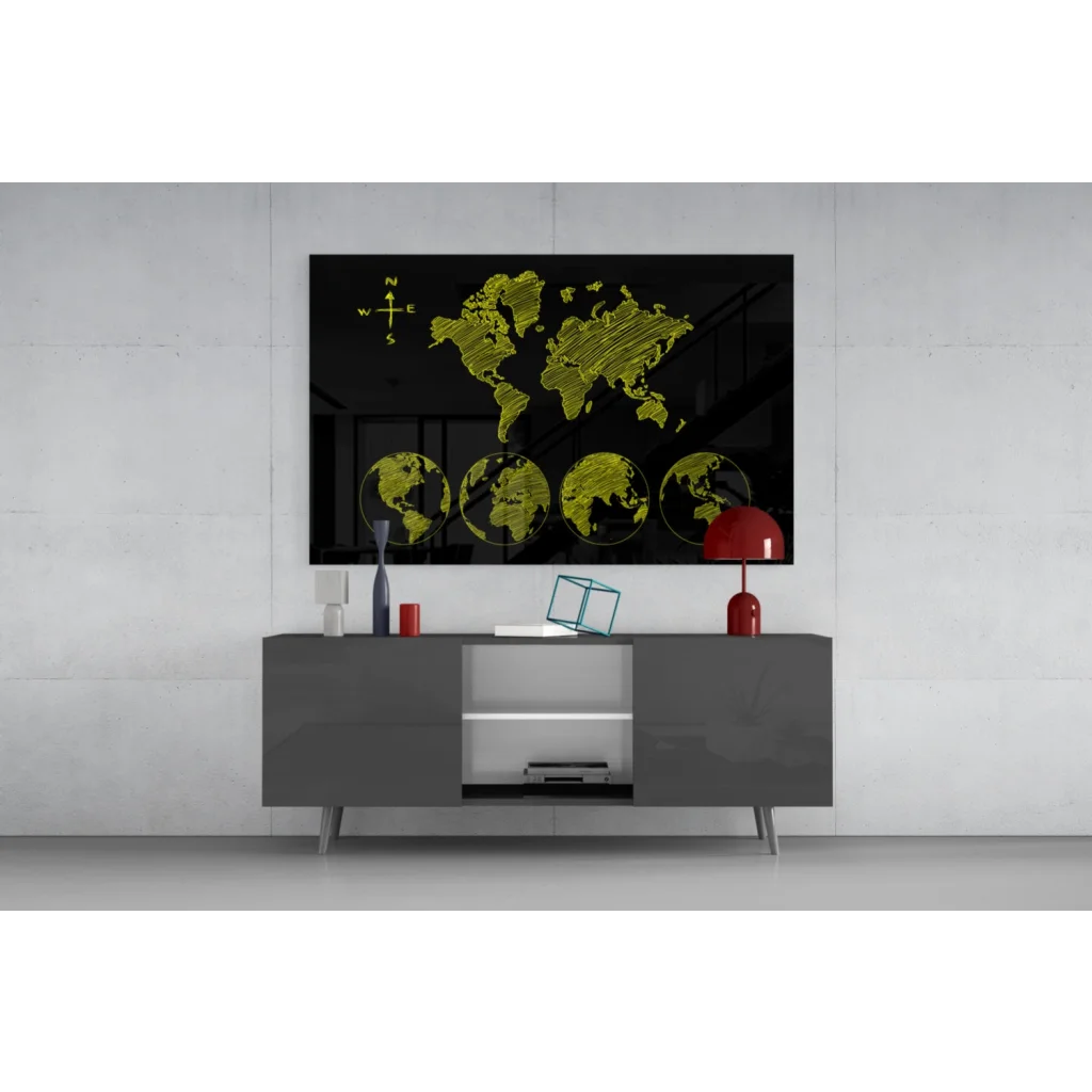 Neon world map canvas wall art with black green metallic accents