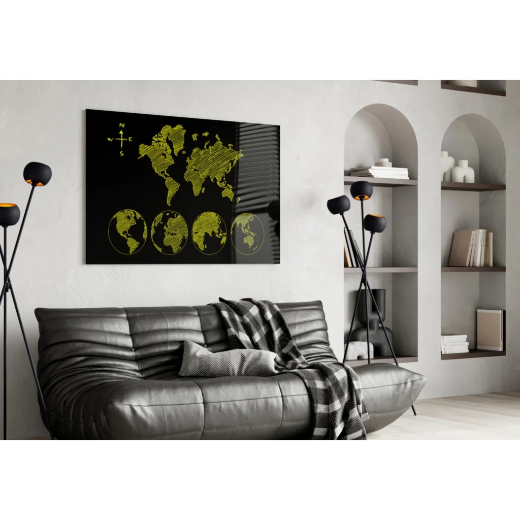 Black leather sofa under Neon World Map canvas wall art