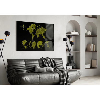 Black leather sofa under Neon World Map canvas wall art