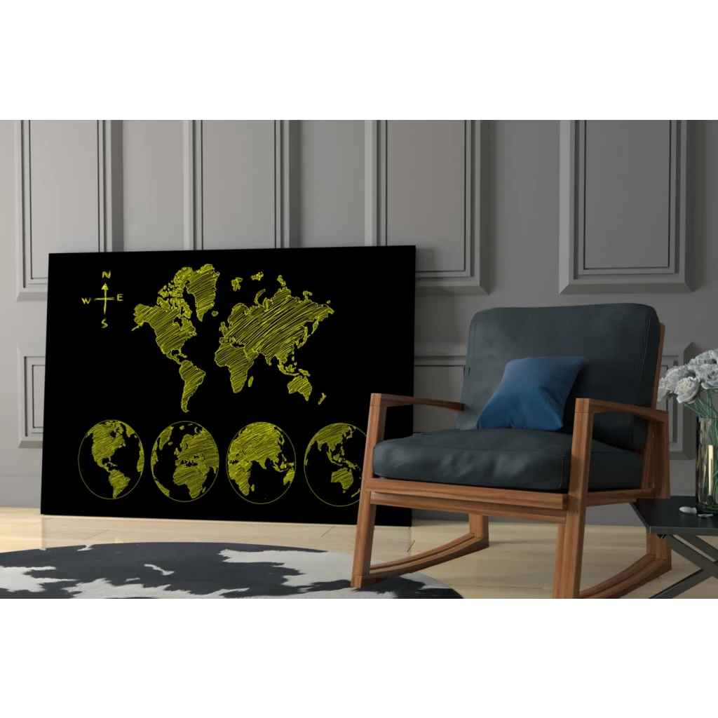 Neon world map canvas wall art with compass design