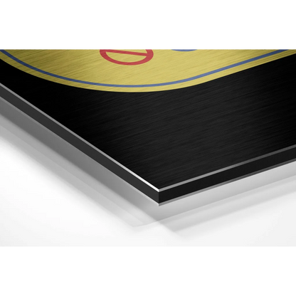 Stunning brushed aluminium dibond wall art with yellow emblem