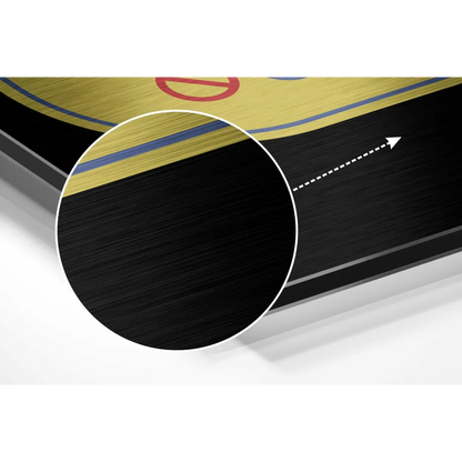 Black brushed aluminium dibond wall art with yellow blue graphic