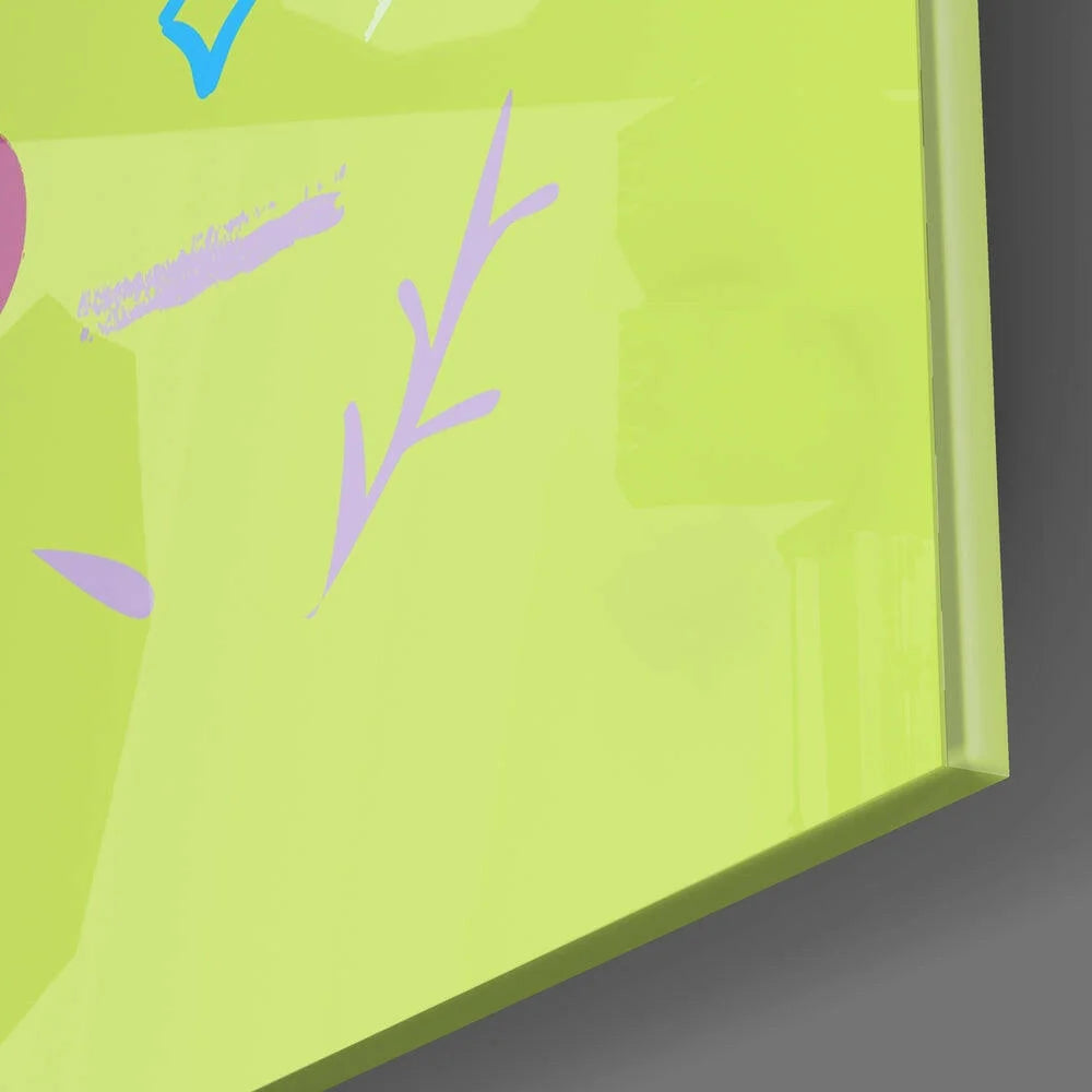 Vibrant lime green glass wall art with purple blue accents