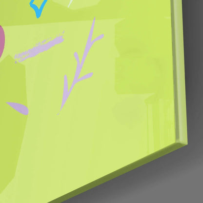 Vibrant lime green glass wall art with purple blue accents