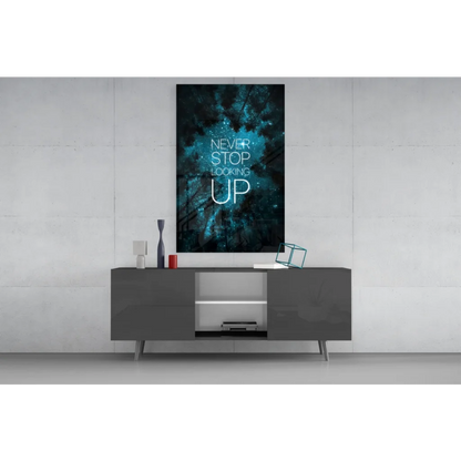 Sleek gray sideboard with cosmic forest glass wall art and motivational glow text