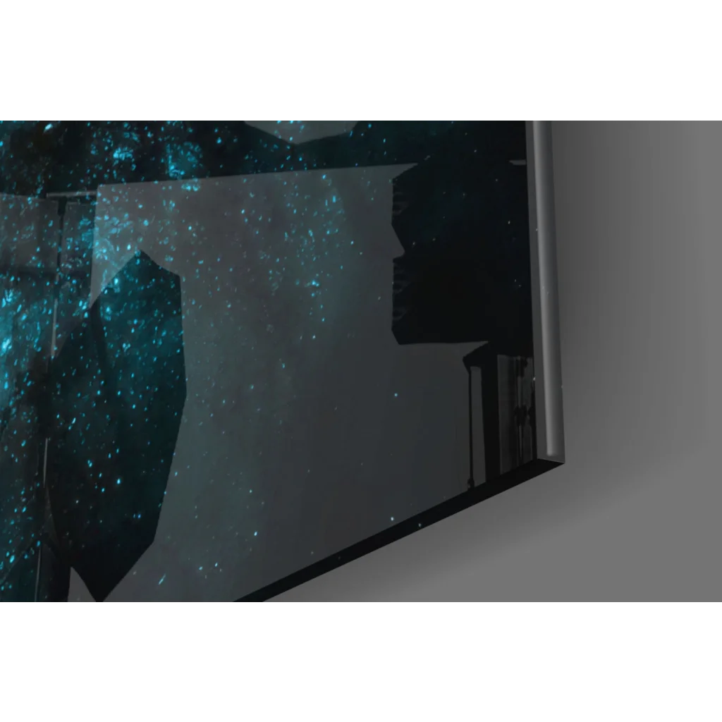 Sleek cosmic TV in glass wall art with starry blue glow text