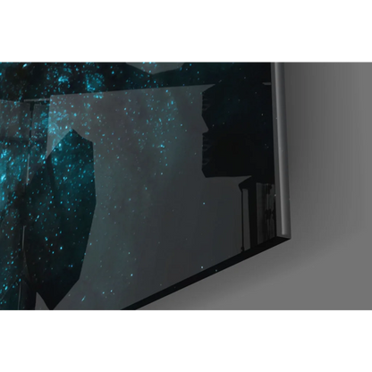 Sleek cosmic TV in glass wall art with starry blue glow text