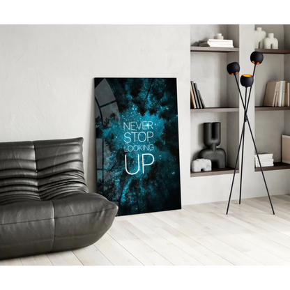 Sleek cosmic glass wall art with never stop looking up glow text