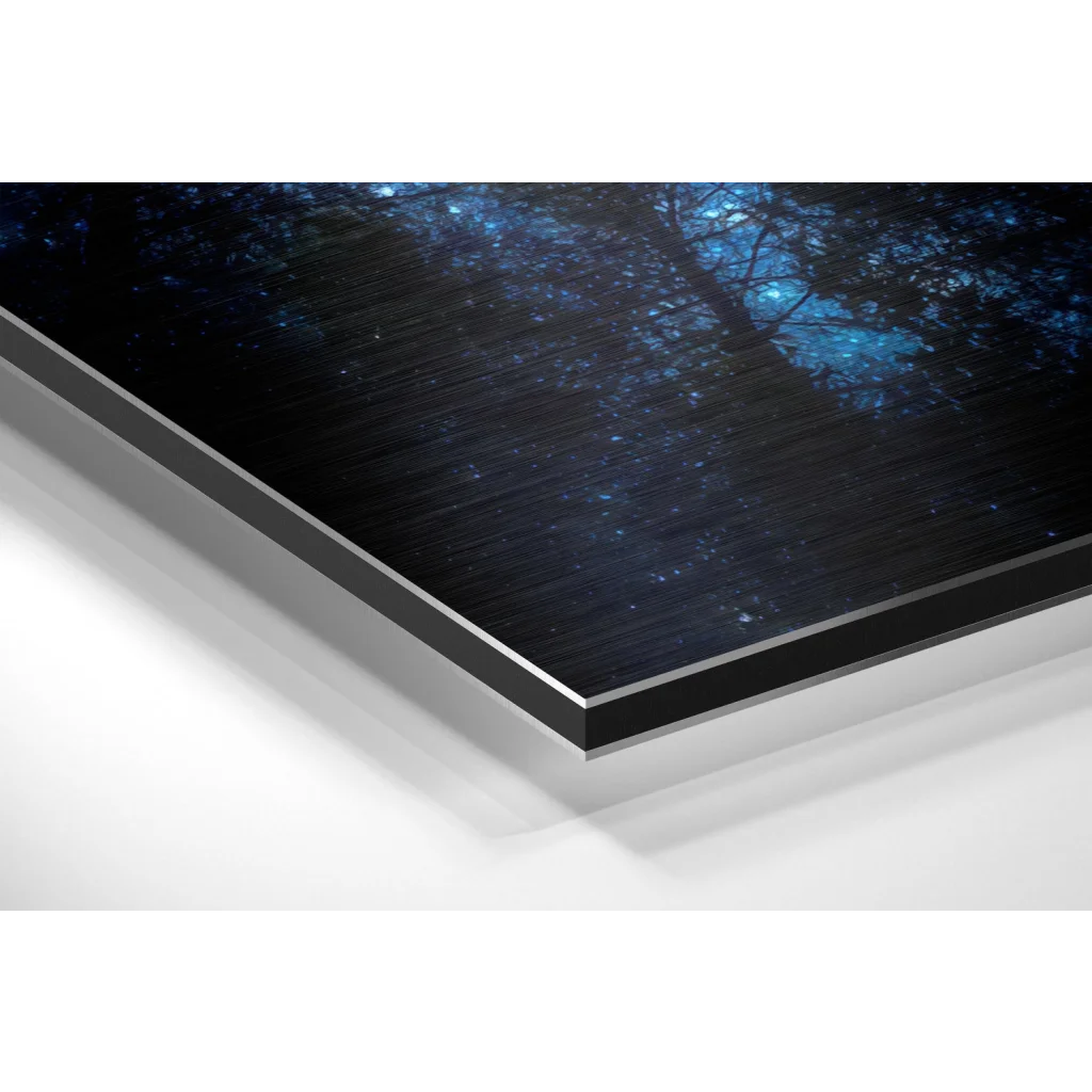 Sleek brushed aluminium dibond forest art print with glowing blue lights