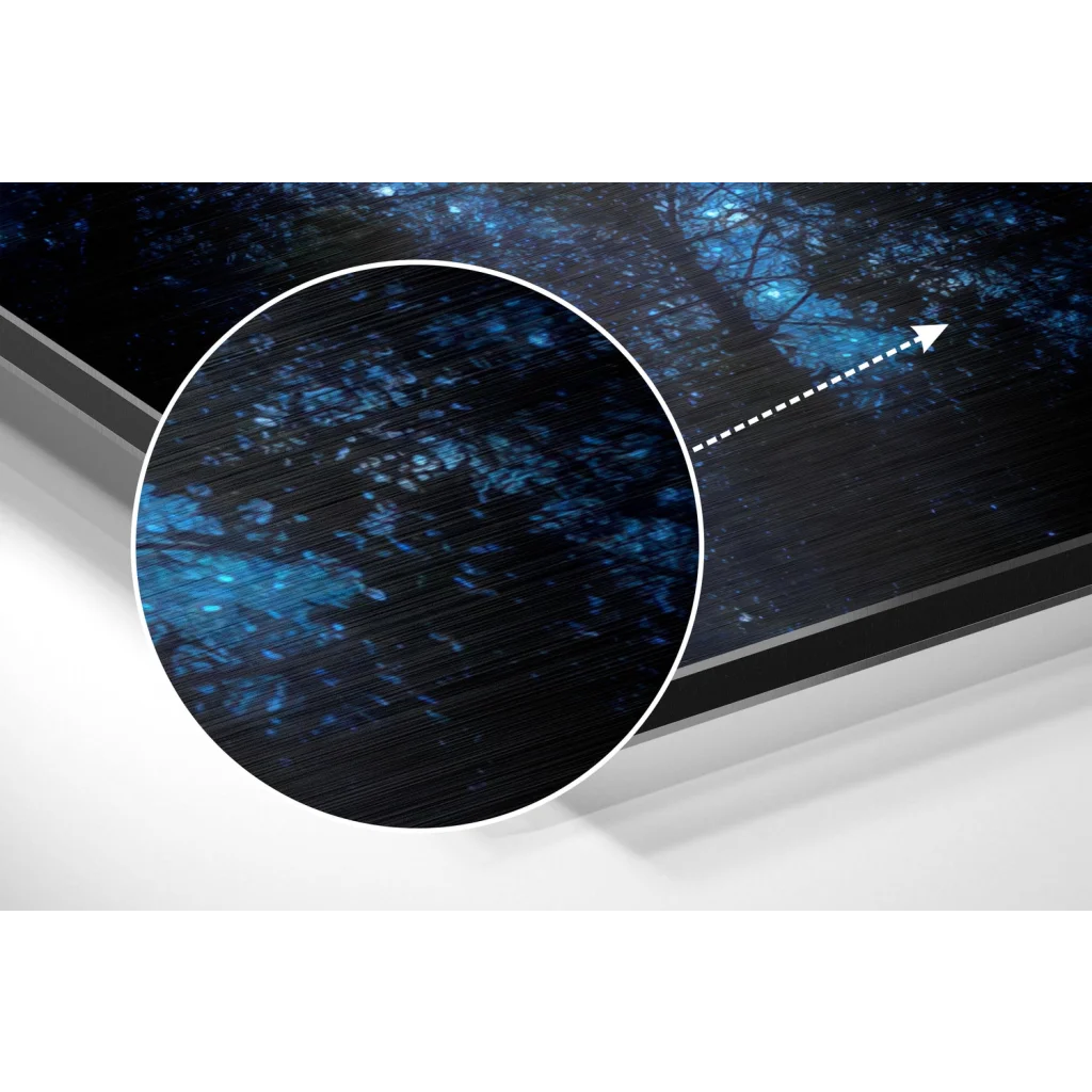 Close-up of brushed aluminium dibond forest art print with vivid blue glowing trees
