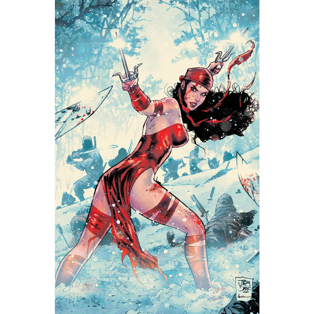 Comic book cover of Daredevil by Chip Zdarsky and Marco Checchetto with Elektra in snow fight