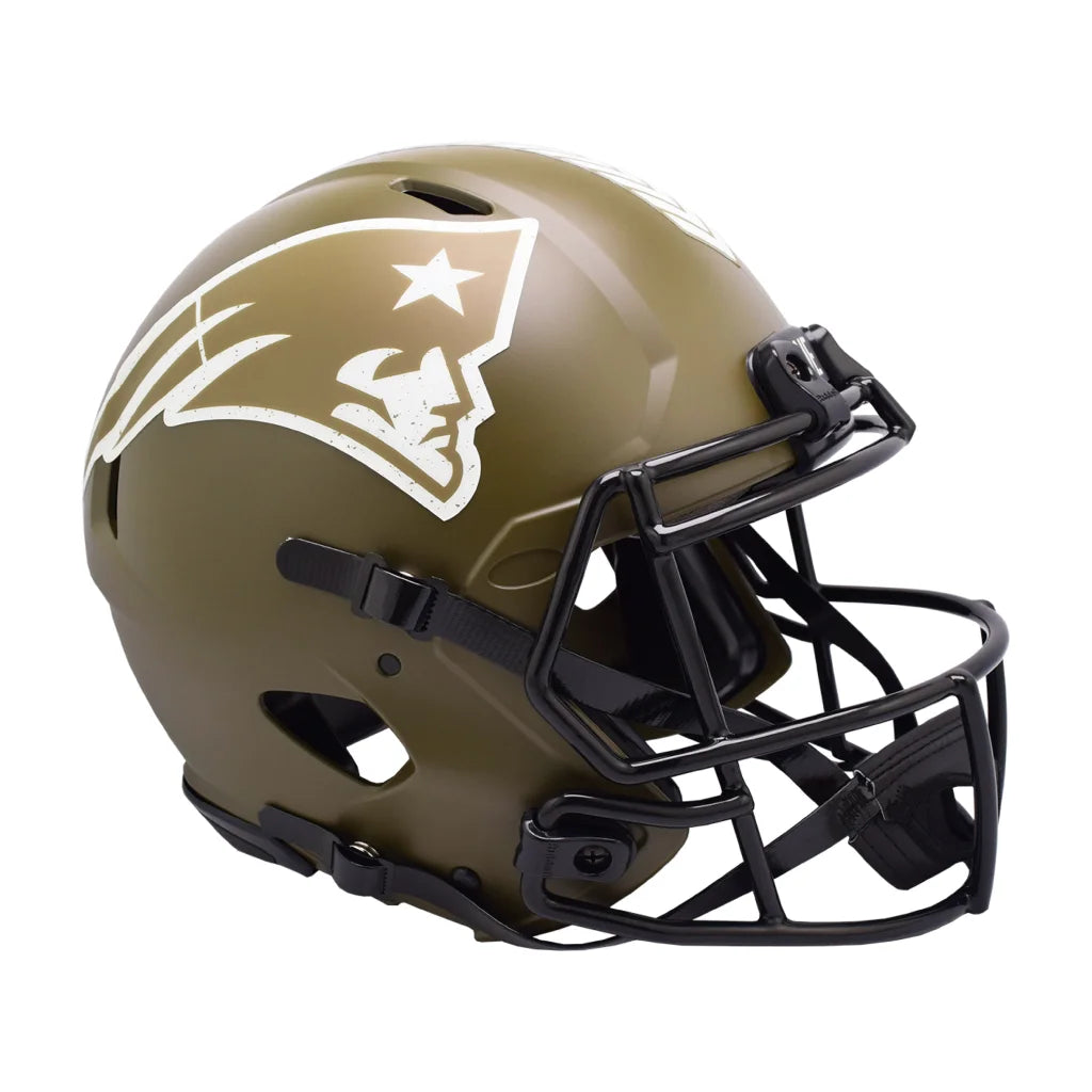 Olive green New England Patriots Salute to Service helmet with black face mask and white logo