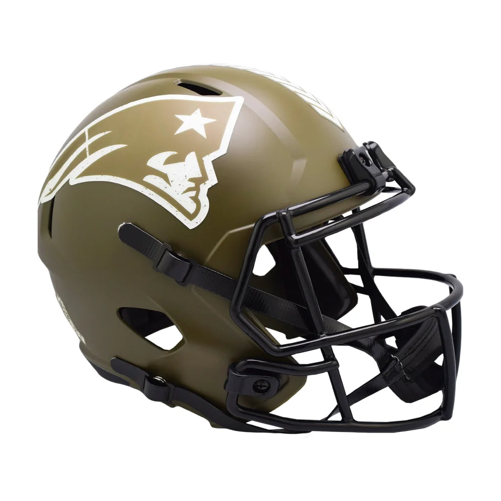 Olive green New England Patriots Salute to Service Riddell helmet 2022