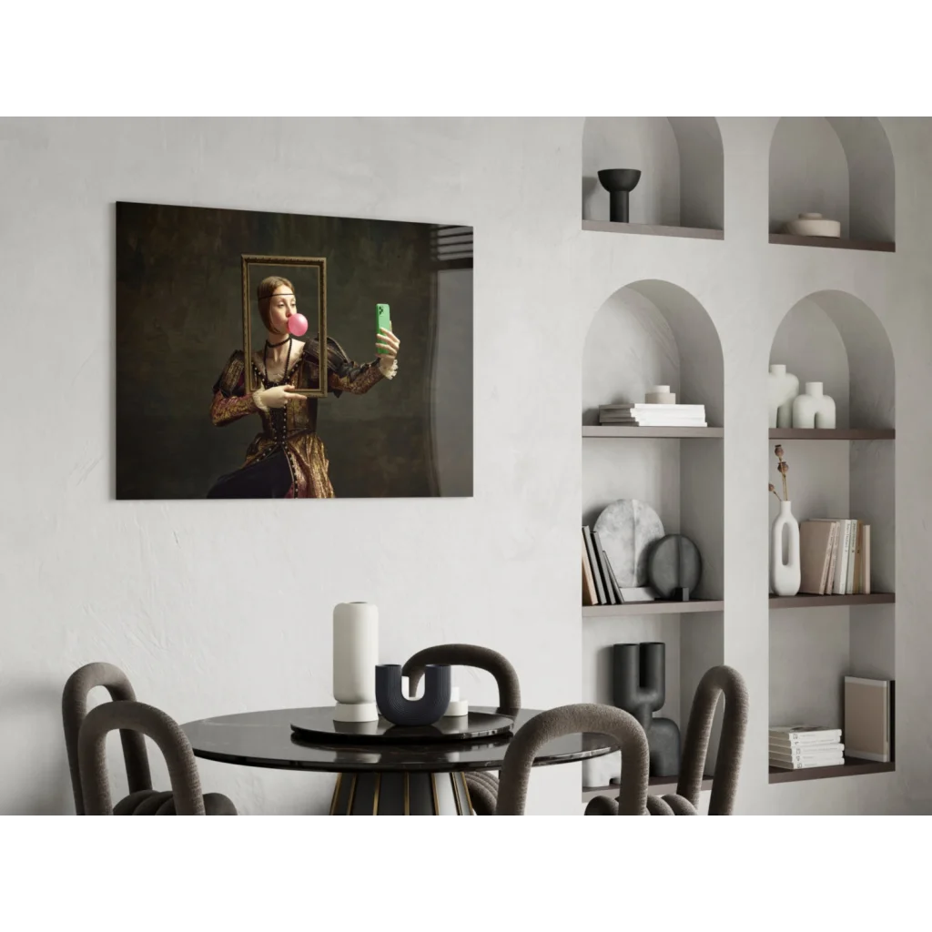 Renaissance Queen blowing pink bubblegum with green smartphone wall art print