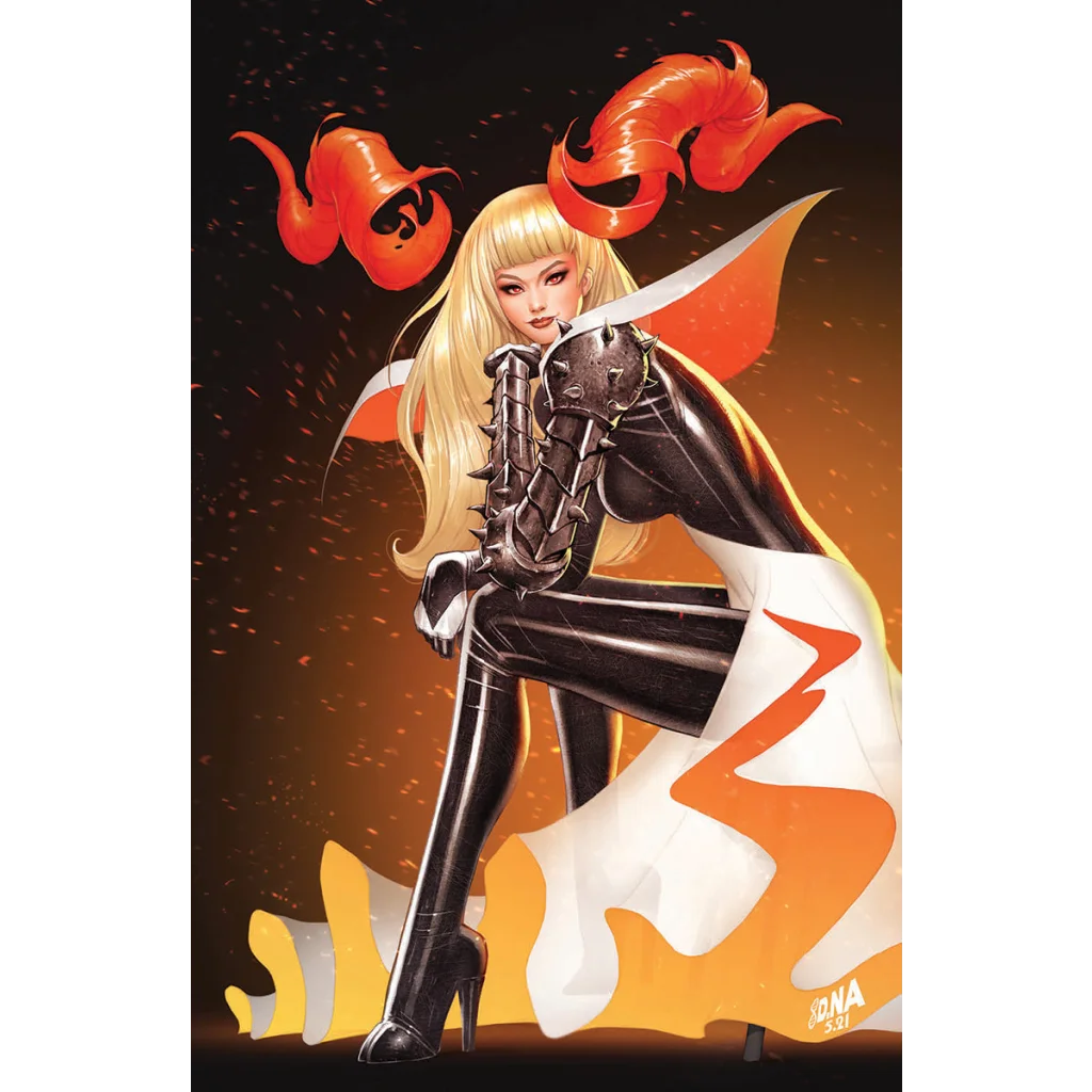 Blonde woman in black and white outfit with spiked shoulders on David Nakayama exclusive New Mutants virgin comic book