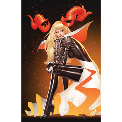 Blonde woman in black and white outfit with spiked shoulders on David Nakayama exclusive New Mutants virgin comic book