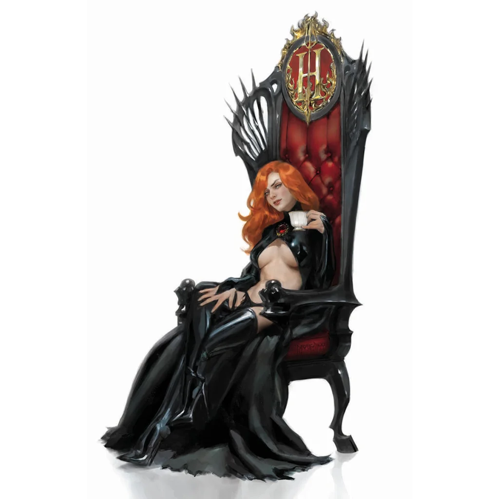 Red-haired woman in revealing black outfit on ornate throne from New Mutants 25 by Rod Reis and Vita Ayala