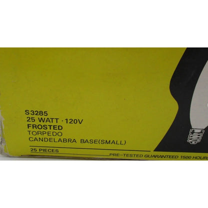 Satco 25W frosted torpedo candelabra base bulbs, 25 count box S3285