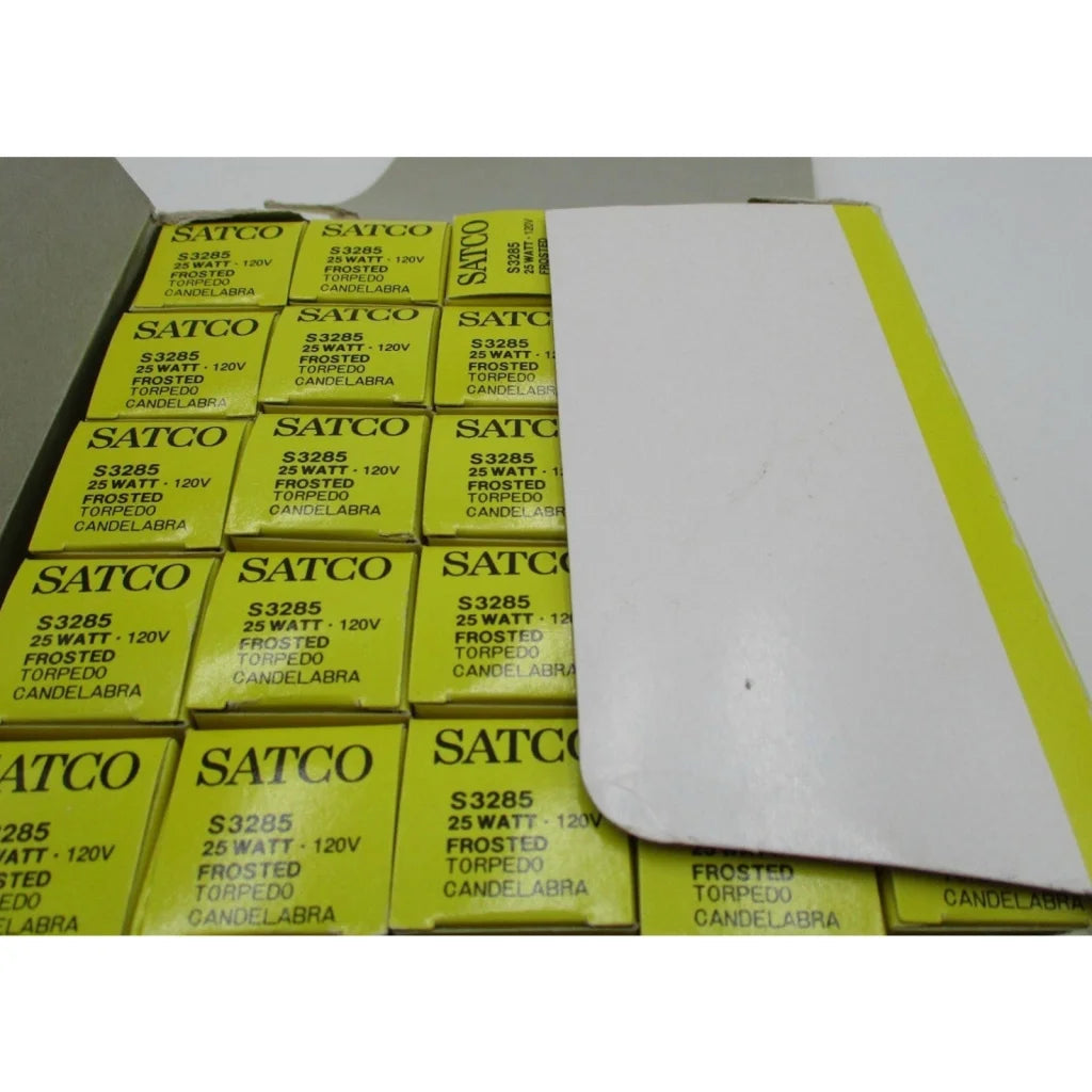 Satco 25W frosted torpedo candelabra bulbs in yellow boxes, 25 count S3285