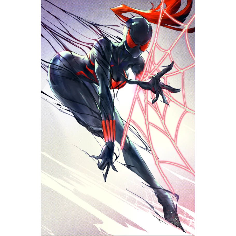 Female superhero in a black and red suit with glowing spider web from NEW VISION OF TOXIN comic