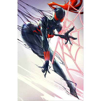 Female superhero in a black and red suit with glowing spider web from NEW VISION OF TOXIN comic