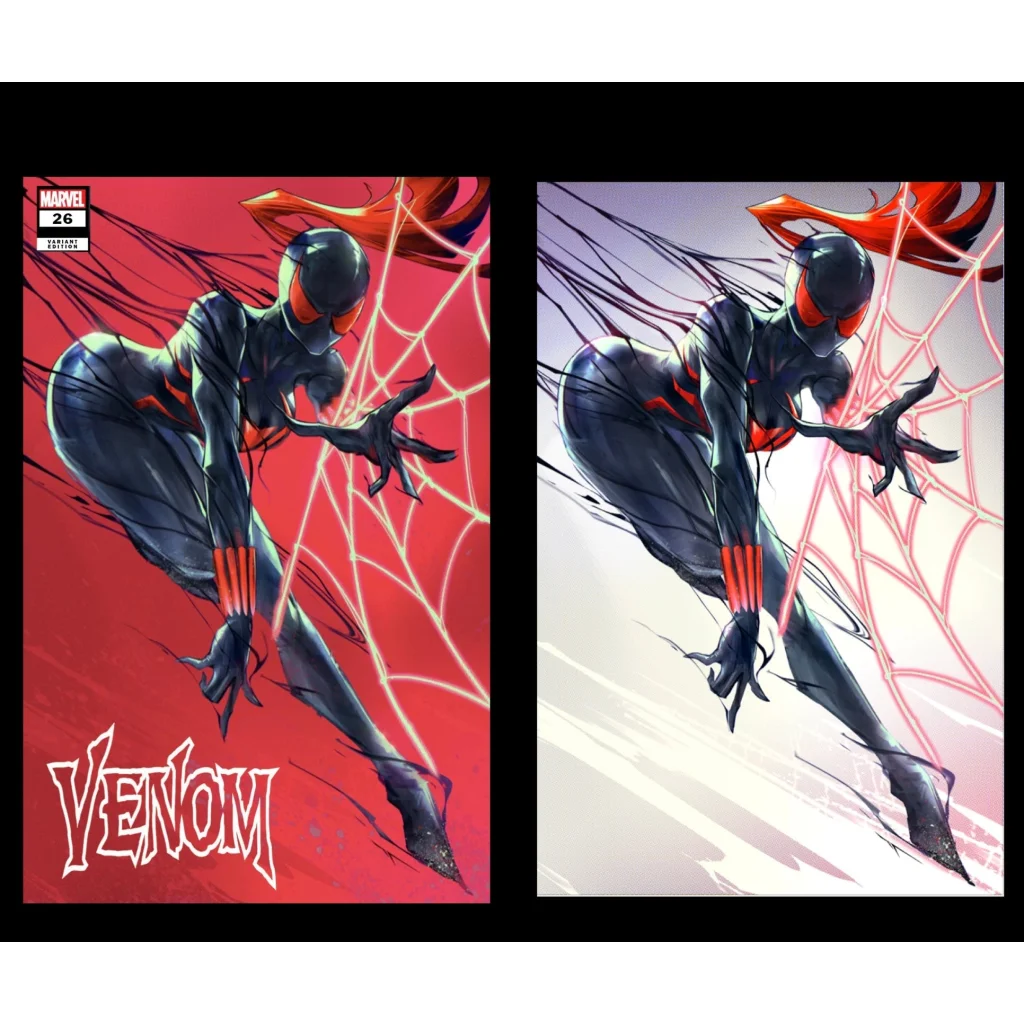 Two comic book covers featuring Spider Woman in black and red with spiderweb design