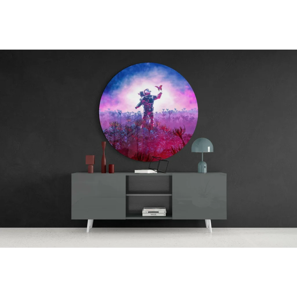 Circular tempered glass art of astronaut with butterfly in cosmic pink purple blue hues