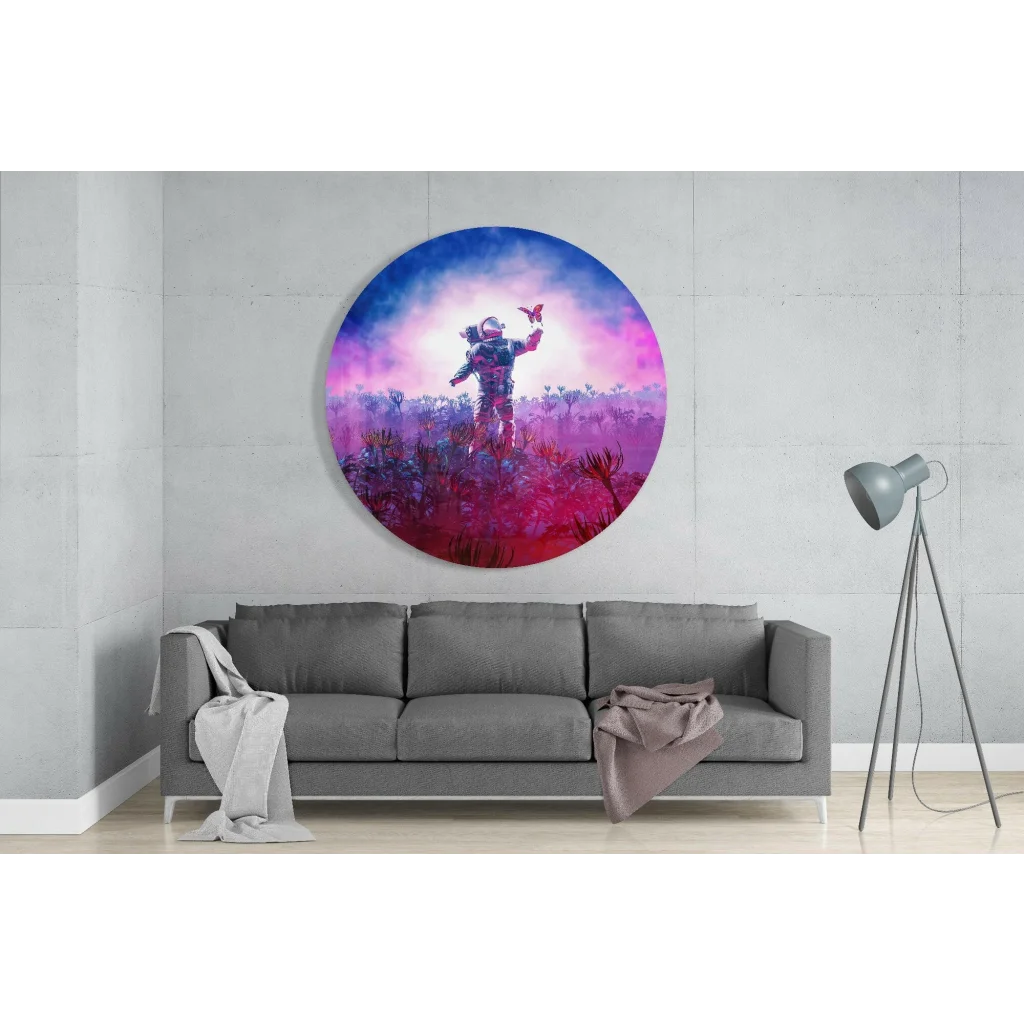 Vibrant astronaut butterfly tempered glass art circle print