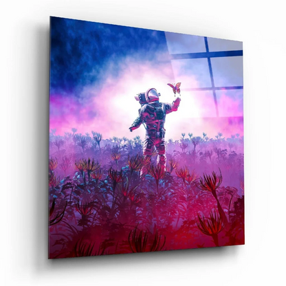 Vibrant astronaut touching butterfly in neon pink purple glass wall art