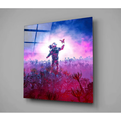 Vibrant astronaut reaching for butterfly in neon pink purple glass wall art