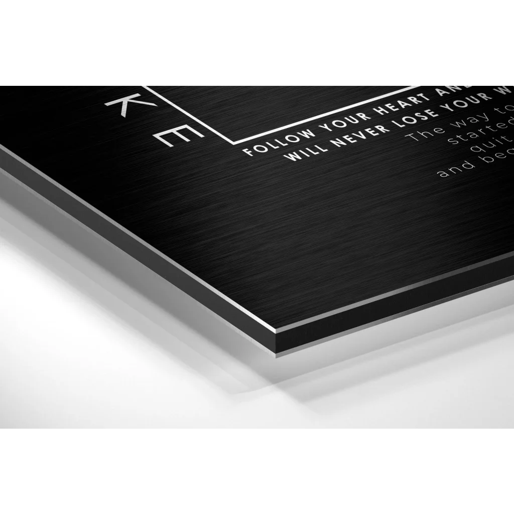 Black brushed aluminium dibond plaque with engraved text and logo