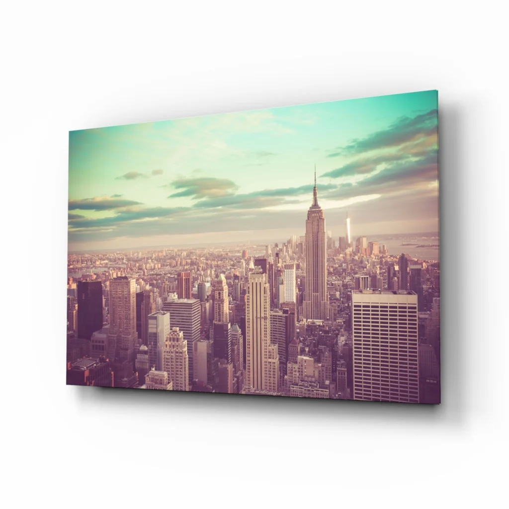 Empire State Building Glass Wall Art in Vintage Pastels | Insigneart USA | vintageantiquesgifts.com