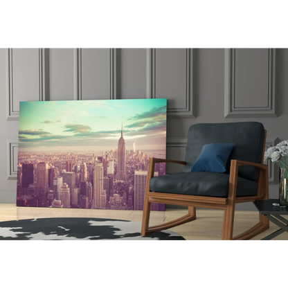 Vibrant Empire State Building glass wall art in pastel sky on wooden frame