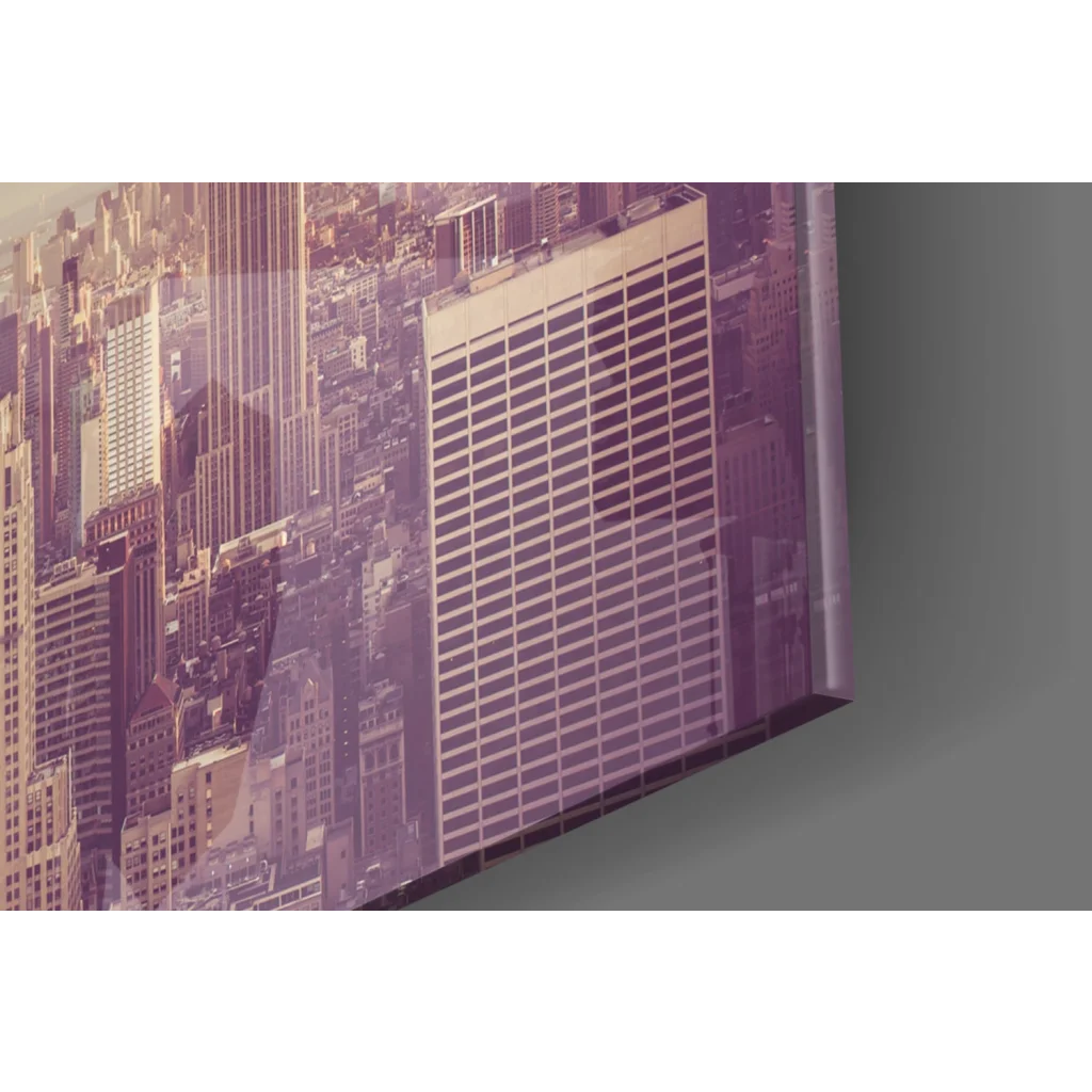 Vintage pastel Empire State Building glass wall art on gray wall