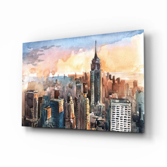 Watercolor Empire State sunset skyline wall art canvas