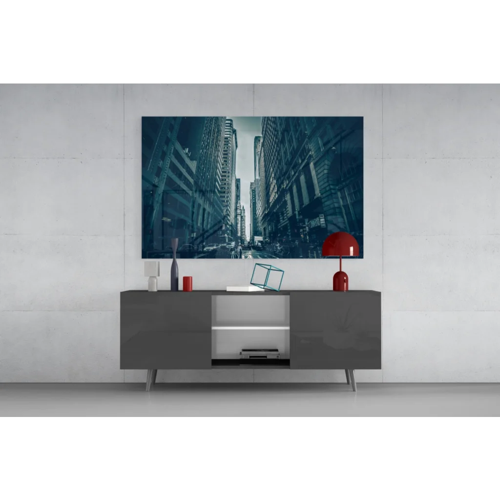 Sleek gray sideboard with glossy minimalist design wall art print