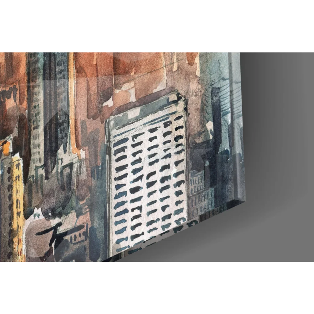 Sunset skyline watercolor wall art of white grid facade in urban scene