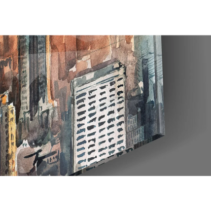 Sunset skyline watercolor wall art of white grid facade in urban scene