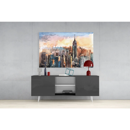 Sunset skyline watercolor wall art canvas with skyscraper in warm hues