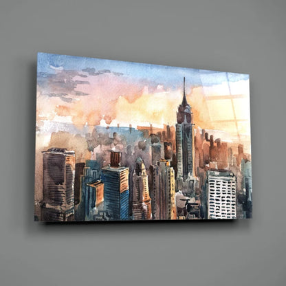 Sunset skyline watercolor canvas wall art with skyscraper at dusk
