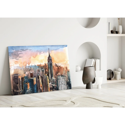 Vibrant sunset skyline watercolor wall art on white wall