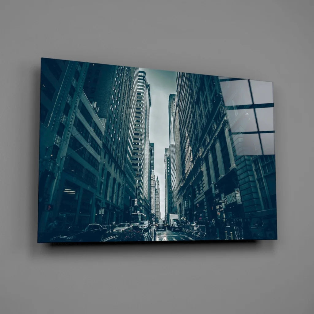 Teal city streets wall art canvas print mounted on wall